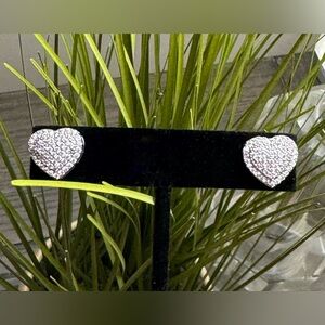 Rhinestone Cubic Zirconia Heart Earrings- Silver-Tone